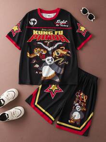 SHEIN Kung Fu Panda 2pcs Tween Boy Summer Casual Panda Print Round Neck Short Sleeve T-Shirt And Shorts Set - Black - View 1