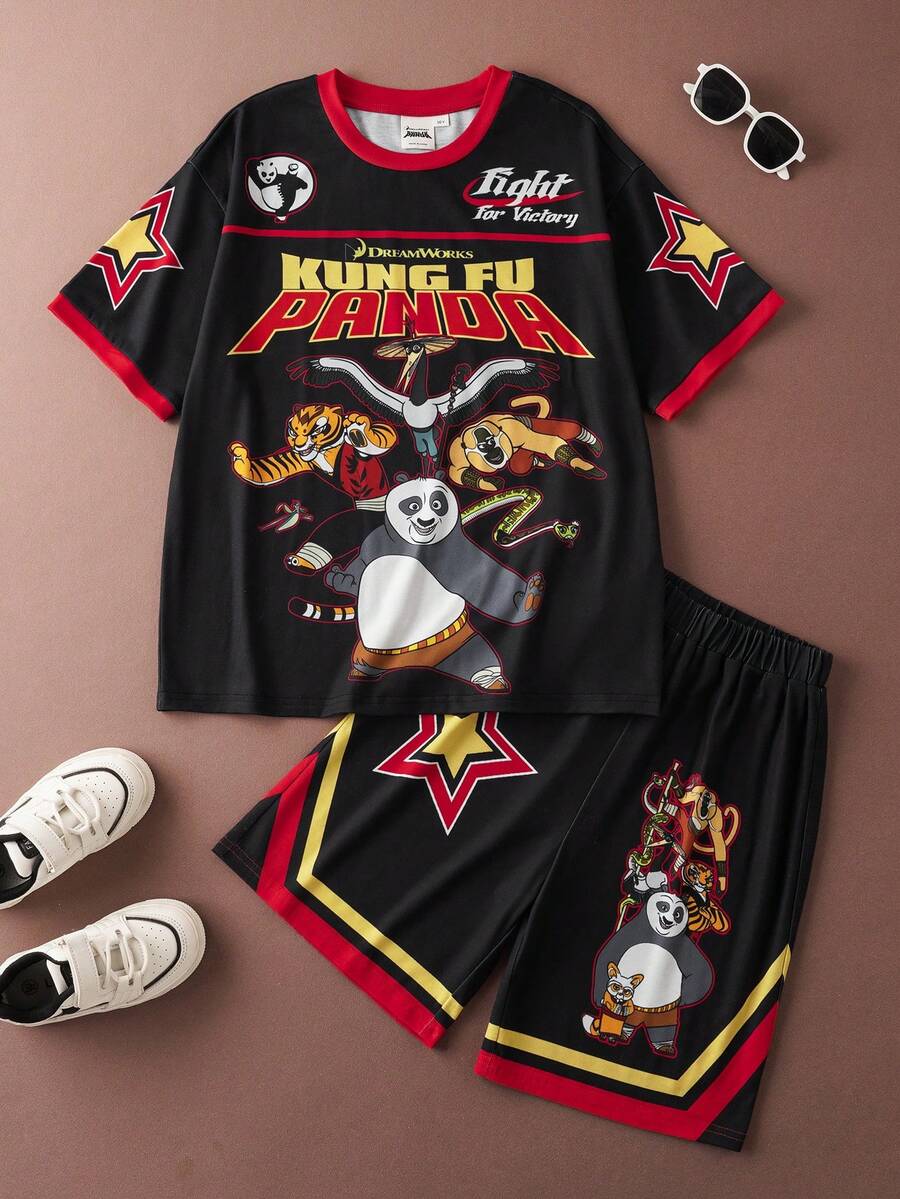 SHEIN Kung Fu Panda 2pcs Tween Boy Summer Casual Panda Print Round Neck Short Sleeve T-Shirt And Shorts Set - Black - View 1