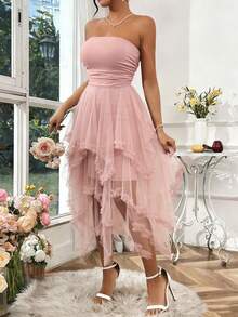 Rafferiza Women's Casual Elegant Young Minimalist Versatile Bandeau Waist Tulle Midi Dress, Suitable For Spring/Summer - Pink - View 3