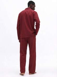 SUMWON Long Sleeve Button Down Pajama Set With Matching Elastic Waist Pants In Burgundy Micro Check Pattern Comfort Loungewear For Men - Red - View 3