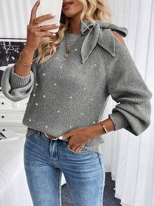 EMERY ROSE Suéter de manga larga con adornos de strass para mujer - Gris - Ver 8