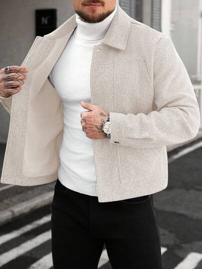  Manfinity CasualCool Men's Mature Casual Style Gray Woolen Collared Button - Up Jacket, Men Clothes, Men Jacket&Coats - Regular Fit, Ideal For Halloween, Christmas, Daily Outings & Business - Casual Meetings, INS - Trending Men's Outerwear, Perfect Gift For Boyfriends/Husbands On Anniversaries. Mens Cropped Jacket Mens Jacket Cropped Jacket