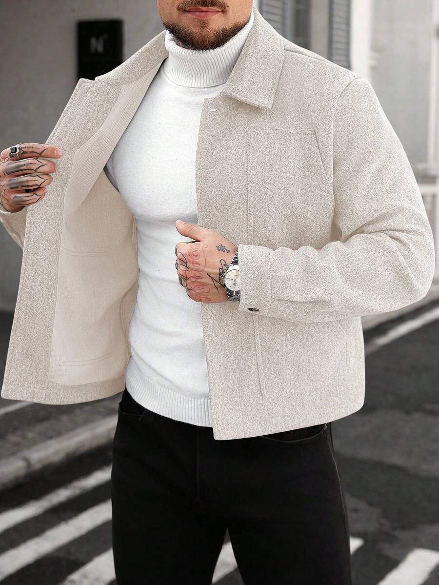 Manfinity CasualCool 男士成熟休闲风灰色羊毛翻领纽扣夹克，男装，男士夹克外套 - 常规版型，适合万圣节、圣诞节、日常外出和商务休闲会议，INS 潮流男士外套，周年纪念日送给男友/丈夫的完美礼物。 - 杏色 - 查看 1