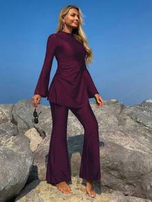 Swim Mulvari 女士新款纯色夏季两件套高领长袖褶皱喇叭袖收腰泳衣，保守沙滩罩衫 - 中紫紅色 - 查看 3