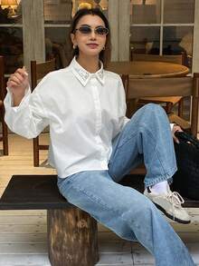 DAZY 女士宽松长袖水钻领优雅衬衫，适合春秋季穿着 - 白色 - 查看 6