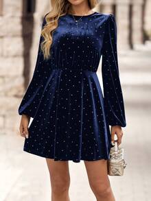 EMERY ROSE فستان قصير كاجوال أنيق للنساء بطبعة نقاط البولكا - أزرق بحري - مشاهدة 8