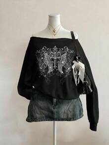 Attitoon 休闲复古朋克 Y2K 百搭派对机场风卫衣，翅膀十字花卉仿水钻印花图案，舒适宽松露肩黑色女式卫衣，适合秋冬季狂欢节穿着 - 黑色 - 查看 1