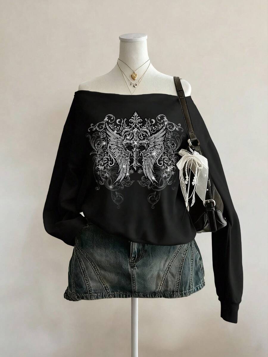 Attitoon 休闲复古朋克 Y2K 百搭派对机场风卫衣，翅膀十字花卉仿水钻印花图案，舒适宽松露肩黑色女式卫衣，适合秋冬季狂欢节穿着 - 黑色 - 查看 1