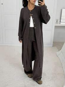 Solflare 大码女式宽松纯色羊绒针织开衫，休闲简约长款毛衣外套，适合秋冬季穿着 - 咖啡棕 - 查看 4