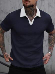 Manfinity CasualCool 男士撞色领短袖通勤休闲Polo衫，V领针织衫，男士纹理Polo衫 - 藏蓝色 - 查看 4