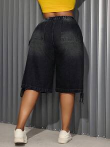 Slaydiva Quần lửng denim ống đứng dáng rộng có dây rút dành cho nữ cỡ lớn, thích hợp đi dự lễ hội âm nhạc. - màu đen - Xem 2