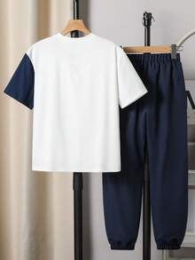 SHEIN Vacaura 男童休闲简约蓝灰白拼接T恤裤套装（2件套），适合春夏日常穿着及外出。 - 藏蓝色 - 查看 3