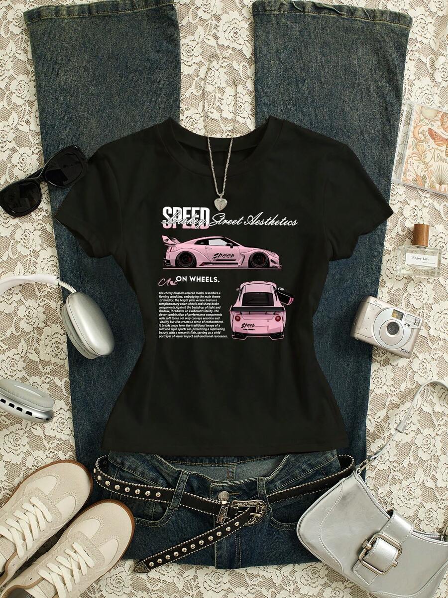 Glimmora 女士休闲印花短袖圆领T恤 - 黑色 - 查看 1