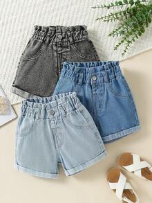 SHEIN 3pcs Girls Denim Shorts Set,Blue Back-To-School Fashionable Washed Loose Shorts With Elastic Waist,3 Pack Cute Casual Summer Kids Clothes For Vacation - Multicolor - View 7