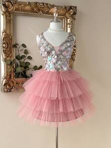 Lovelzi Elegant Multi-Color Lotus Root Pink Deep V-Neck Mesh Sheer Luxurious Gradient Multi-Color Sequin Embroidered High Waist Slimming Multi-Layered Tulle Puff A-Line Skirt Suitable For Dates, Vacations, Singles Parties, Weddings, Back To School, Birthdays, Afternoon Tea, Ladies' Formal Gowns - Dusty Pink - View 1