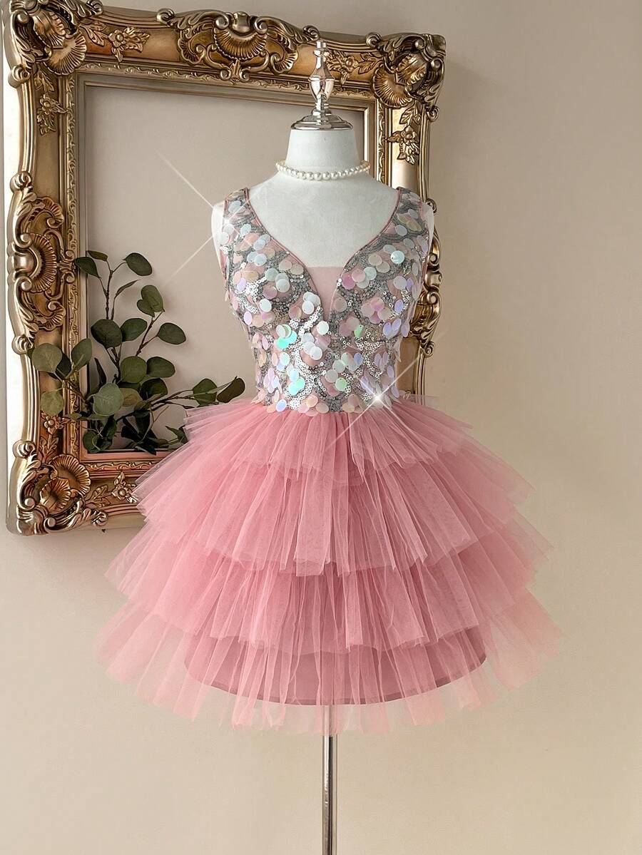 Lovelzi Elegant Multi-Color Lotus Root Pink Deep V-Neck Mesh Sheer Luxurious Gradient Multi-Color Sequin Embroidered High Waist Slimming Multi-Layered Tulle Puff A-Line Skirt Suitable For Dates, Vacations, Singles Parties, Weddings, Back To School, Birthdays, Afternoon Tea, Ladies' Formal Gowns - Dusty Pink - View 1