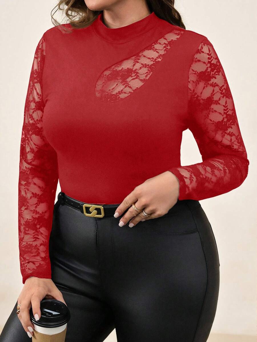 SHEIN Clasi 大码女式优雅性感蕾丝拼接不对称领半透明修身针织T恤黑色网纱上衣 - 紅色 - 查看 1
