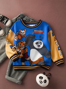 SHEIN Kung Fu Panda Young Boy Cartoon Pattern Color Block Crew Neck Long Sleeve Sweatshirt - Blue - View 1