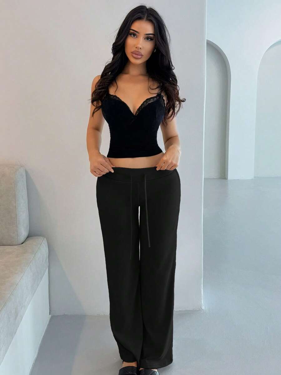 Shopreo 柔软针织质感高腰休闲裤 - 黑色 - 查看 1