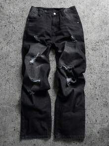 Sport MetroGents Men's Casual Distressed Loose Fit Slant Pocket Denim Jeans, Autumn Romwe Men Jeans Emo Jeans Ripped Baggy Jeans Men Manfinity Legnd Men Cotton Splash Ink Ripped Jeans Drip Jeans - Dark Grey - View 4