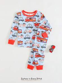 Cozy Pixies Bộ đồ ngủ 2 mảnh ôm sát cho bé trai/bé gái, in hình xe hoạt hình, chất liệu mềm mại, cổ tròn, tay dài và quần dài cạp chun. - Nhiều màu - Xem 3
