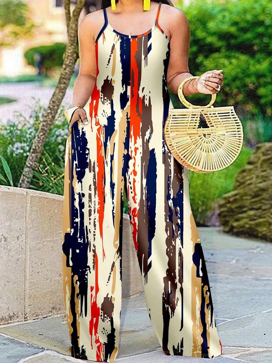 Slaydiva Plus Size Kỳ nghỉ Giải trí Khối màu Áo liền quần có dây đeo - Màu be - Xem 1