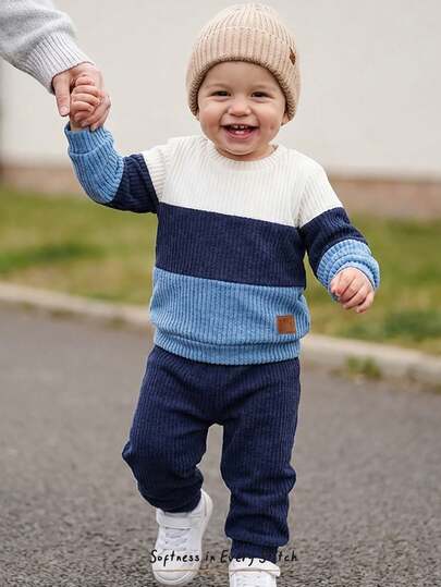 Cozy Pixies 2pcs Baby Boy Textured Knit Crew Neck Sweatshirt And Elastic Waist Pants Set
