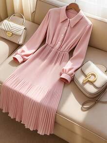 GlowEve CURVE Plus Size Women's Solid Color Long Sleeve Button Half Placket Pleated Hem Elegant Shirt Dress - Pink - View 1