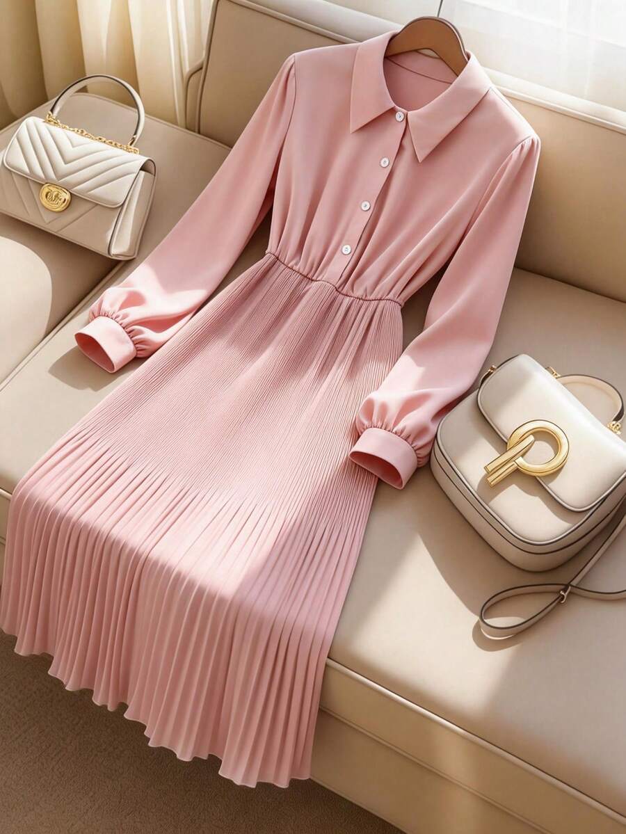 GlowEve CURVE Plus Size Women's Solid Color Long Sleeve Button Half Placket Pleated Hem Elegant Shirt Dress - Pink - View 1