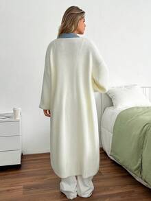 EURMUSE Casual Color Block Drop Shoulder Loose Cardigan, Autumn/Winter - White - View 3