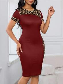 SHEIN Lady 女士优雅派对豹纹拼接修身中长连衣裙 - 紅色 - 查看 7