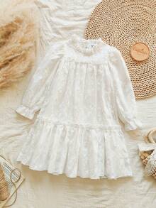SHEIN Vintaside Kids 女童优雅公主风荷叶边领泡泡袖提花刺绣双层荷叶边下摆宽松公主裙，适合度假、旅行、派对、送礼、春秋季穿着。 - 白色 - 查看 3