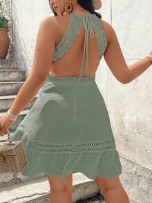 SHEIN Clasi Đầm nữ cổ cao không tay phối ren - màu xanh lá - Xem 2