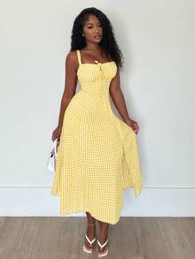 Alexandranx 女式休闲格子印花细肩带开衩中长连衣裙 - 黃色 - 查看 3
