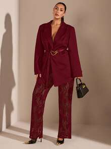 SHEIN BAE Quần skinny xẻ cao xuyên thấu ren đen dành cho nữ cỡ lớn - Màu Đỏ Sâu - Xem 4