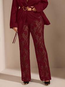 SHEIN BAE Quần skinny xẻ cao xuyên thấu ren đen dành cho nữ cỡ lớn - Màu Đỏ Sâu - Xem 5