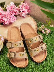 Mini mi #SunnyKids 女童雏菊刺绣双带鞋垫凸点灰褐色拖鞋 – 沙滩风、柔软舒适，充满夏日乐趣。 - 米色 - 查看 5