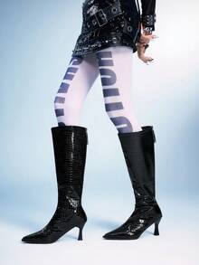 Sugerpunk Botas de mujer de moda de caña alta con puntera puntiaguda y estampado de cocodrilo para el uso diario - Negro - Ver 5