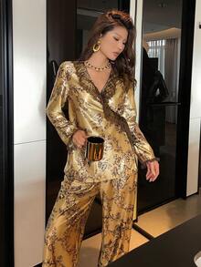 DAZY Floral Print Satin Lace Ruffle Trim Women Pajama Set - Gold - View 1