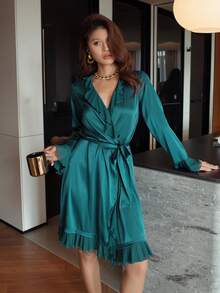 DAZY Satin & Chiffon Patchwork Ruffled Hem Women Sleepwear Robe - Teal Blue - View 5