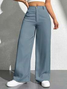 SHEIN PETITE Women's Solid Color Button Zipper Straight Leg Casual Pants - Blue - View 3