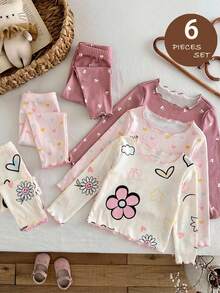 LMoss Kids 2件套女婴针织花卉小熊图案荷叶边领休闲T恤和裤子家居服套装 - 彩色 - 查看 1