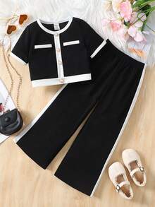 LMoss Kids Baby Girl Round Neck Faux Pearl Single-Breasted Short Sleeve T-Shirt And Elastic Waist Wide Leg Pants Casual Daily Outfit