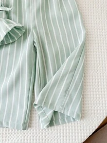 SHEIN LMoss Kids 女婴条纹圆领上衣和宽松休闲裤两件套 - 綠色 - 查看 4