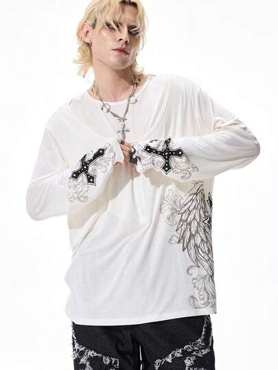 Street Life T-shirt à manches longues pour hommes avec imprimé aile et croix