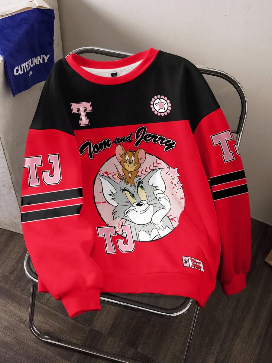 TOM & JERRY X SHEIN Áo nỉ dài tay cổ tròn phối màu họa tiết chữ cái và hoạt hình dành cho nữ - trắng - Xem 1