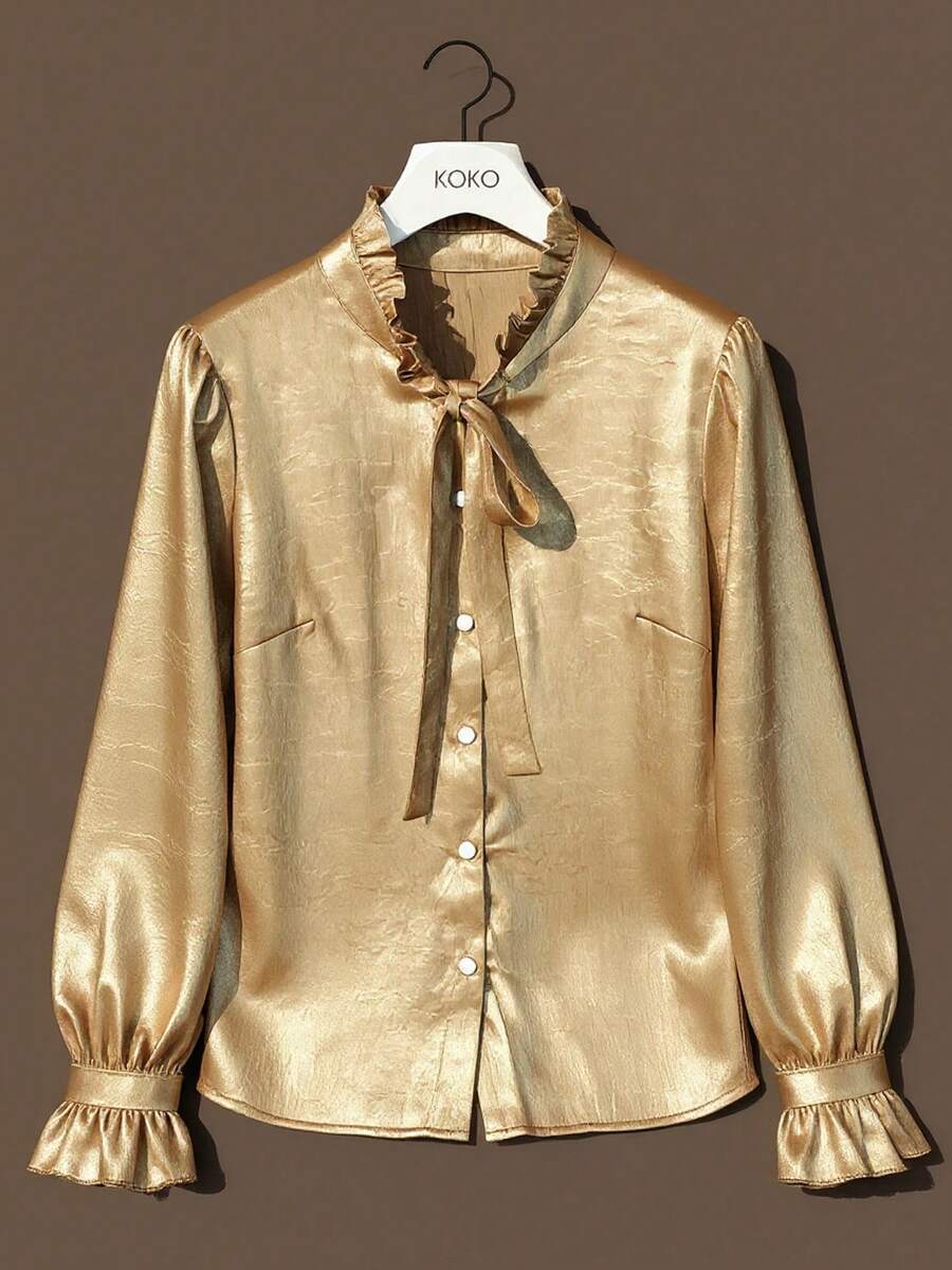 Franclia Plus Size Women Elegant Gold Autumn Frill Trim Lantern Sleeve Metallic Sheen Silk Satin Blouse, Brown Shirts For Women - Gold - View 1