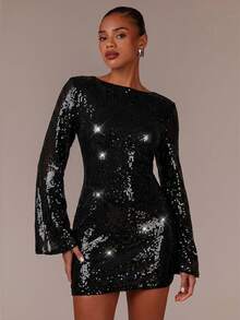 Athîral 女士纯色船领长袖亮片装饰时尚白色百搭修身迷你连衣裙，适合舞会、晚宴等场合。 - 黑色 - 查看 1