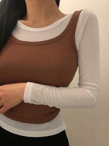 DAZY Women's Round Neck Long Sleeve Casual 2 In 1 T-Shirt,Going Out Tops For Women - Beige - View 6