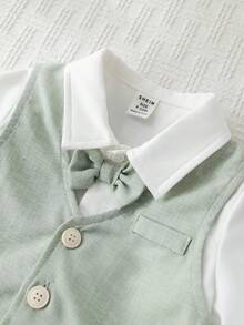 SHEIN 3件套男宝宝夏季学院风可爱百搭绿色背心外套、短裤、领结衬衫绅士套装，适合生日派对、锐舞派对、晚宴、演出、婚礼、迎婴派对、一周岁生日庆祝等场合。 - 彩色 - 查看 8